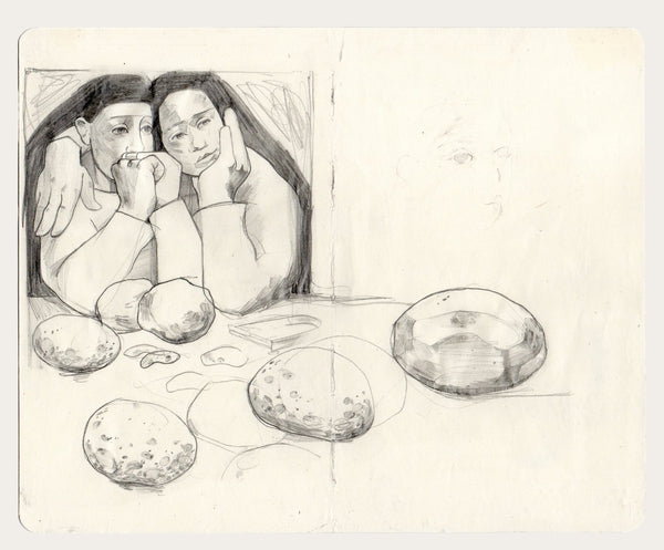 Me and my Sister Peeling Potatoes, Sketchbook study