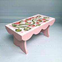 Load image into Gallery viewer, Orignial hand painted wooden stool by the talented artist Camilla Perkins featuring floral motifs and strawberry design.
