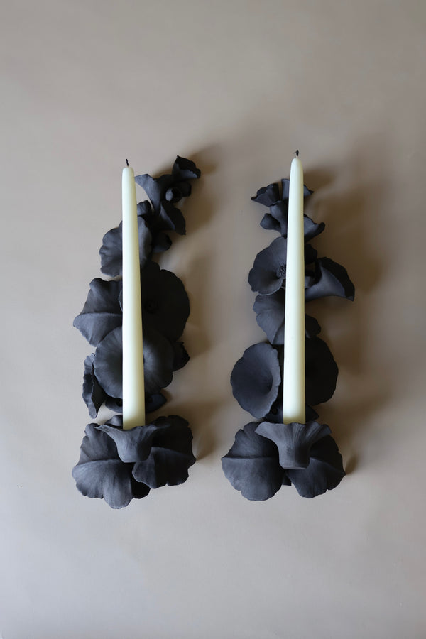 Black Hollyhock sconces (candle holders)