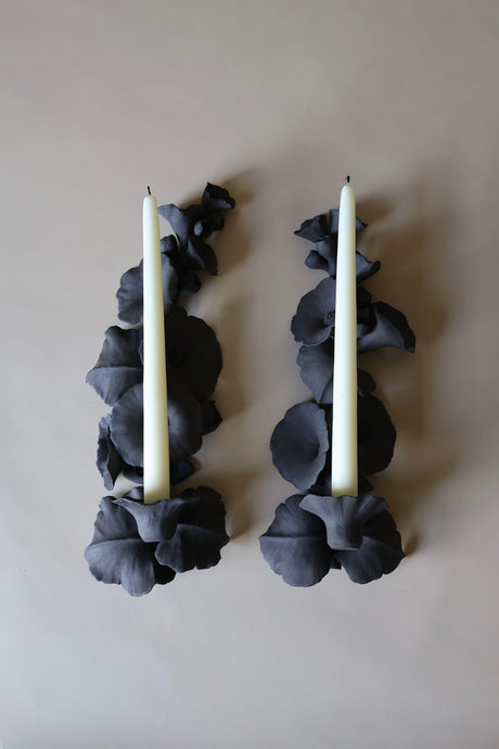 Black Hollyhock sconces (candle holders)