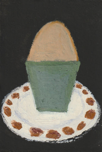 Egg cup, green and blue on white and brown dish