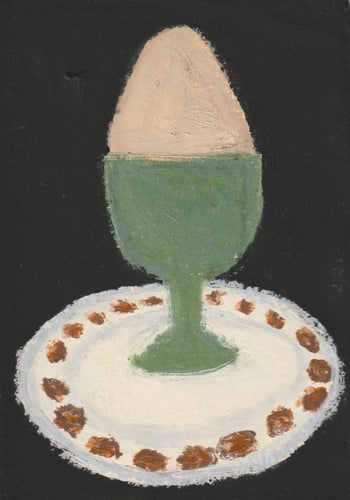 Egg Cup, teal on white and brown plate
