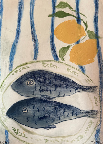 Fish and lemons on blue stripe