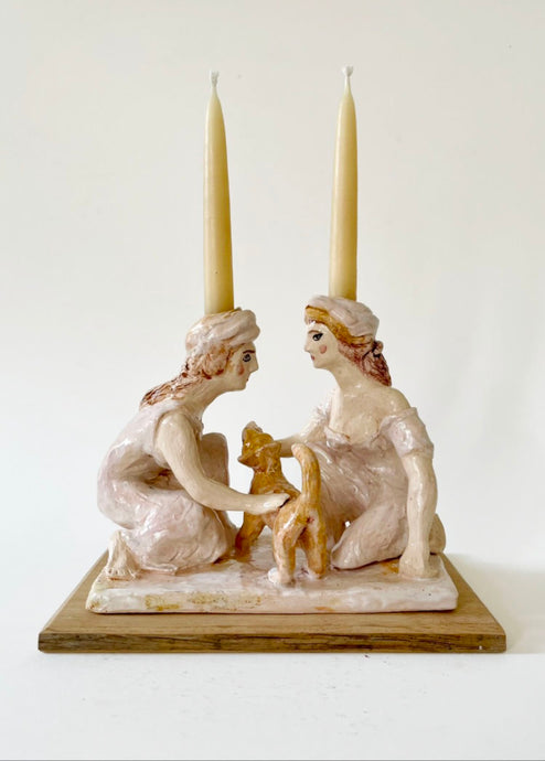 Two Vestals Stroking a Cat Candlestick