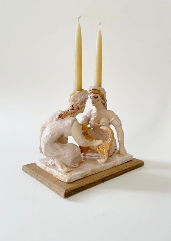 Two Vestals Stroking a Cat Candlestick