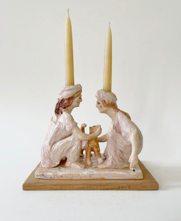 Two Vestals Stroking a Cat Candlestick