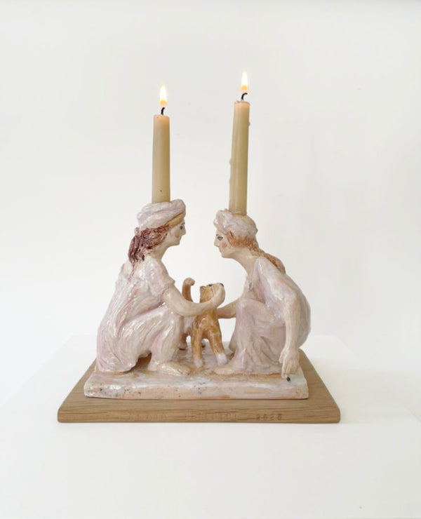 Two Vestals Stroking a Cat Candlestick