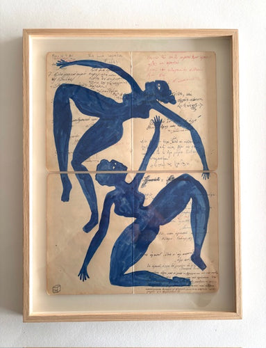 Two blue dancers on Greek journal (Framed)