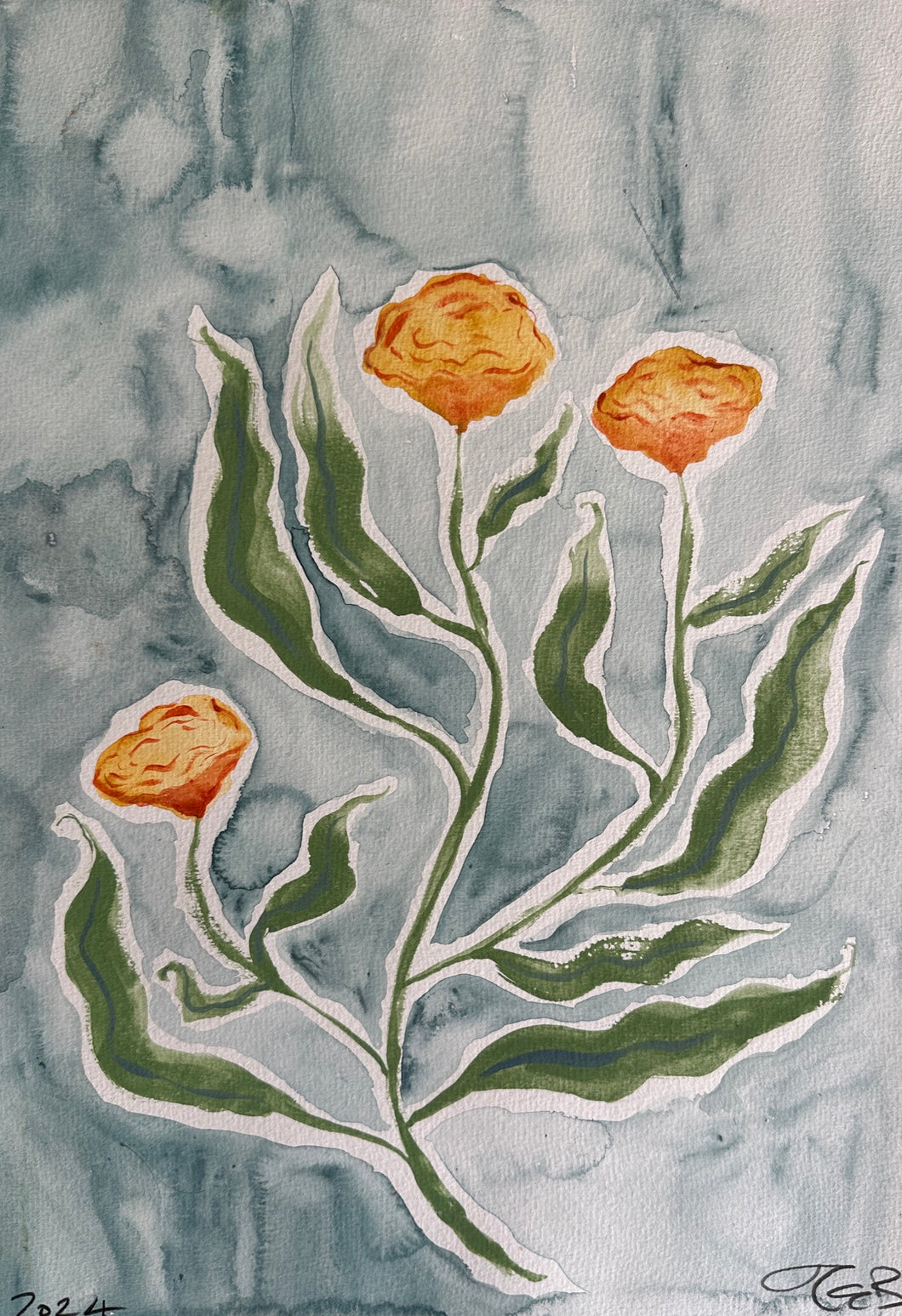 Marigolds in a cosmic blue