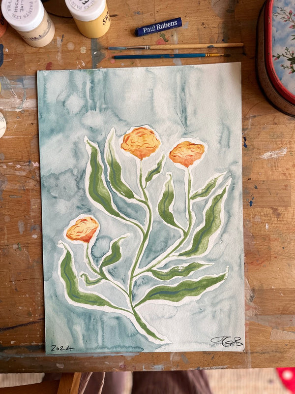Marigolds in a cosmic blue