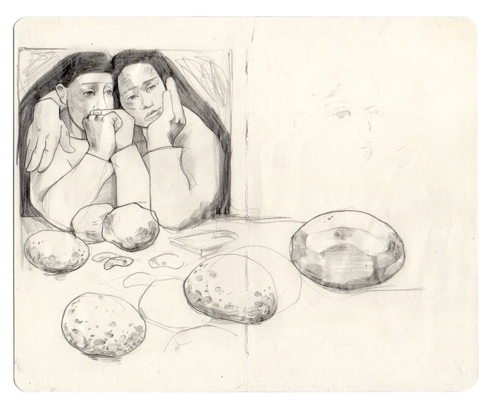Me and my Sister Peeling Potatoes, Sketchbook study