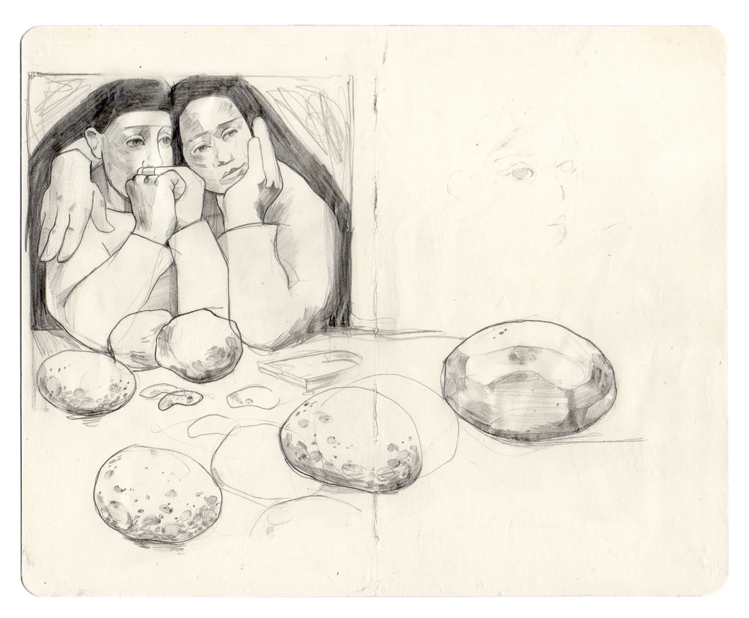 Me and my Sister Peeling Potatoes, Sketchbook study