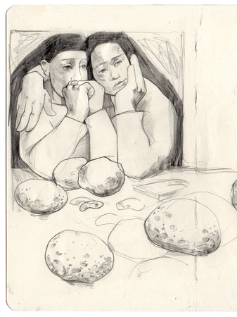 Me and my Sister Peeling Potatoes, Sketchbook study