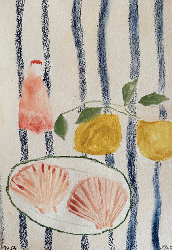 Scallops and Campari on blue stripe