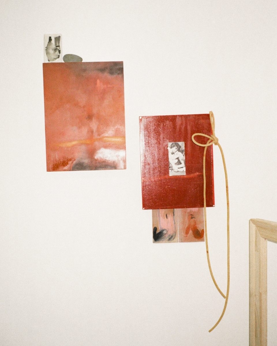 Carousel image of Ailsa Ogden’s abstract artwork mounted on a white wall in her studio for Partnership Editions.
