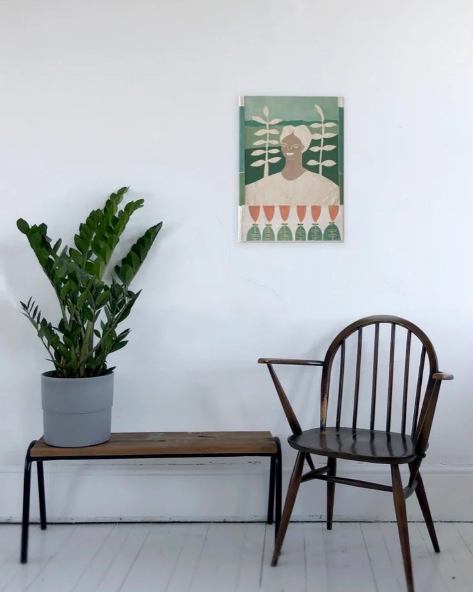 Carousel image of Ali Bassett’s contemporary artwork mounted on a wall in a styled, furnished living environment for Partnership Editions.