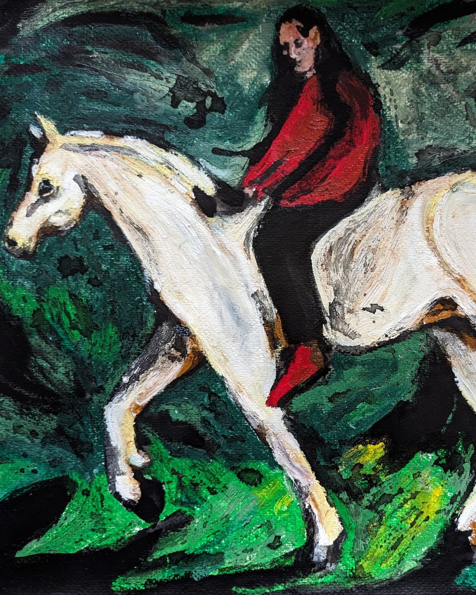 Alice Carr painting close-up featuring a woman riding a horse for the Beauty & Terror Online Exhibition at Partnership Editions.