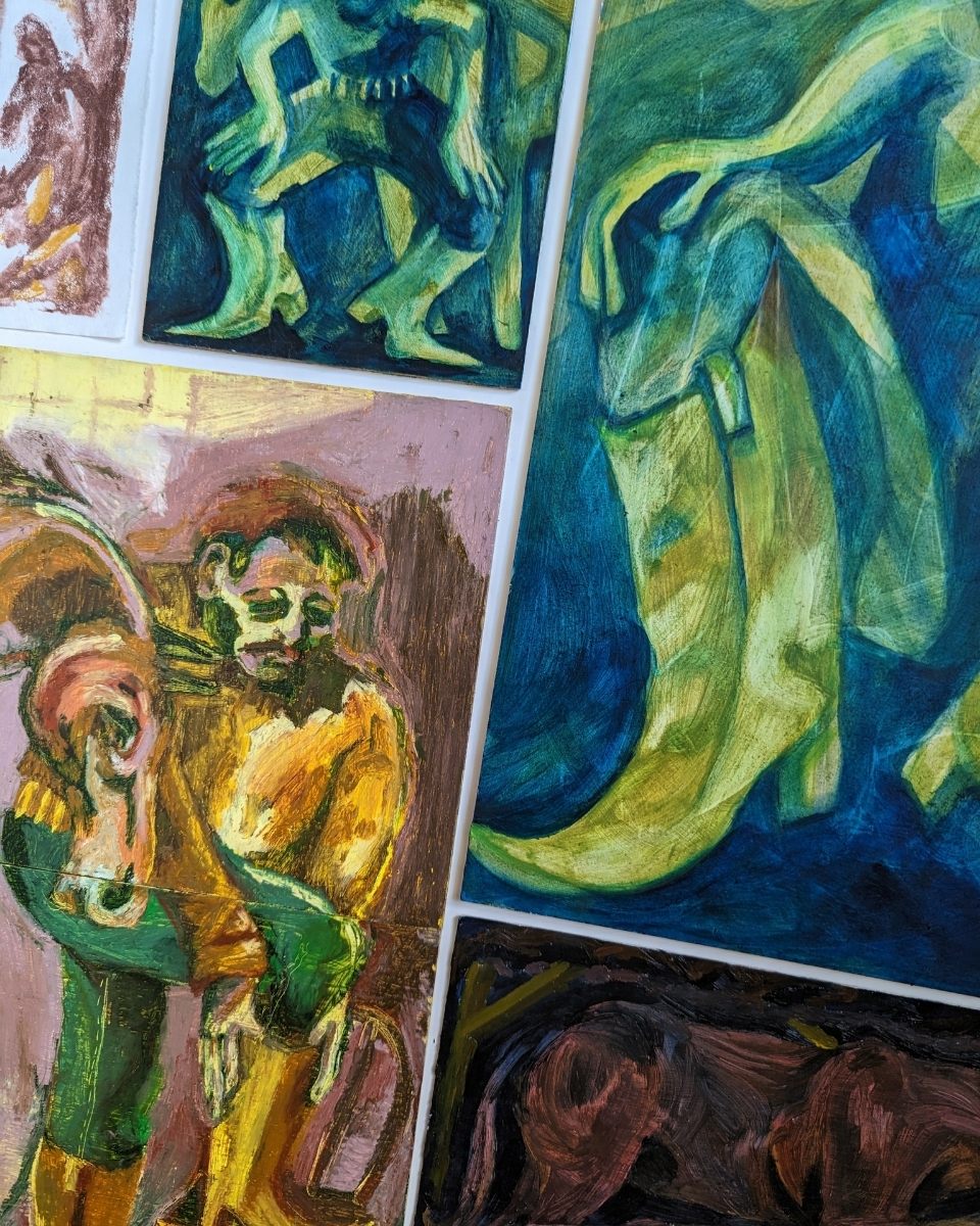 Carousel studio image featuring a selection of Alice Carr contemporary prints evenly displayed for Partnership Editions.