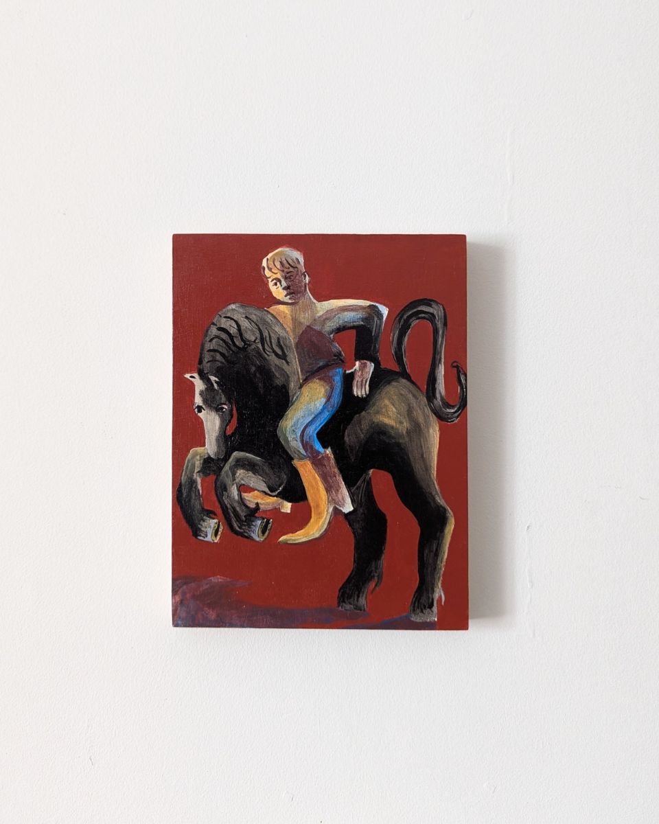 Alice Carr oil painting of a figure riding a black rearing horse on a red background for the September 2026 drop at Partnership Editions.