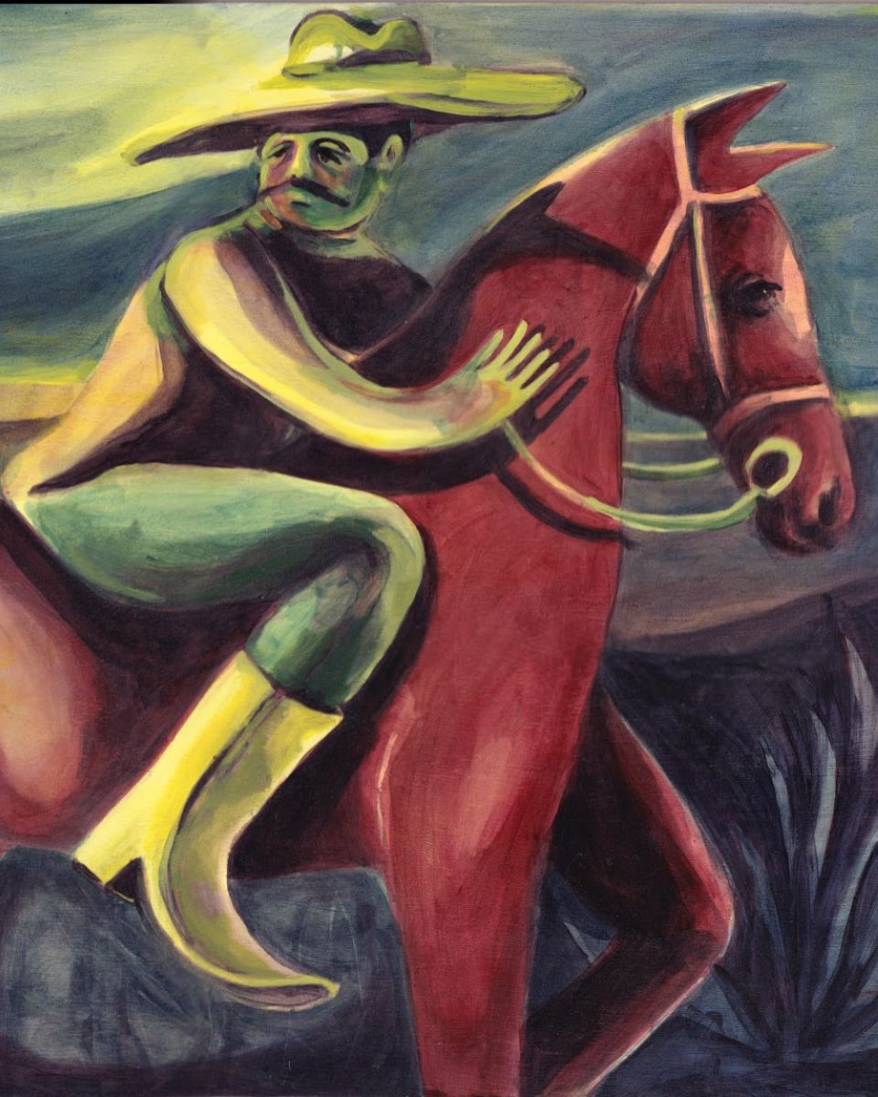 Alice Carr painting close-up of red cowboy on horse for The Living Mountain Exhibition at Partnership Editions.