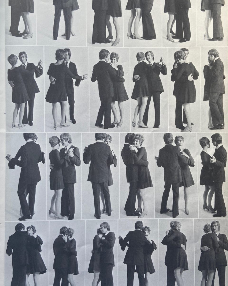Black and white reference photograph of a couple dancing, used as inspiration by Amy Dury in her artist studio for Partnership Editions.
