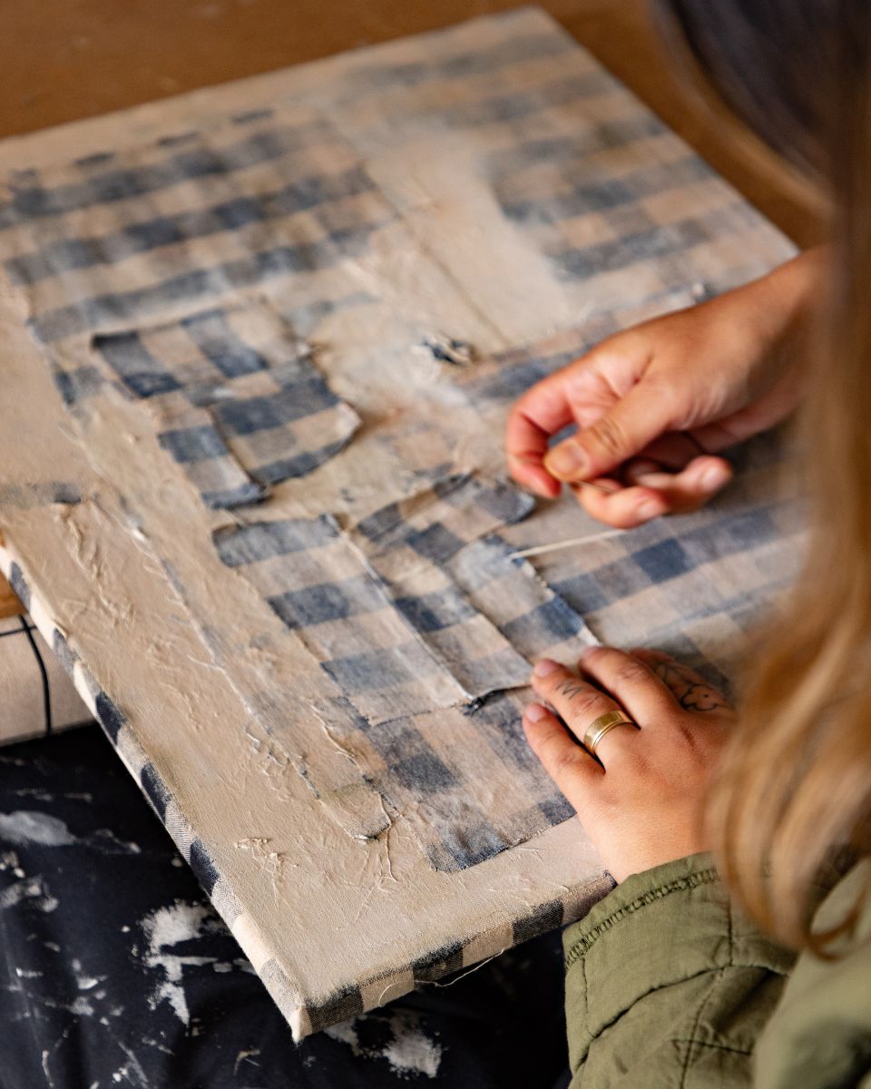 Ann-Marie Williamson applying layers to an abstract painting for the Process Online Exhibition at Partnership Editions.
