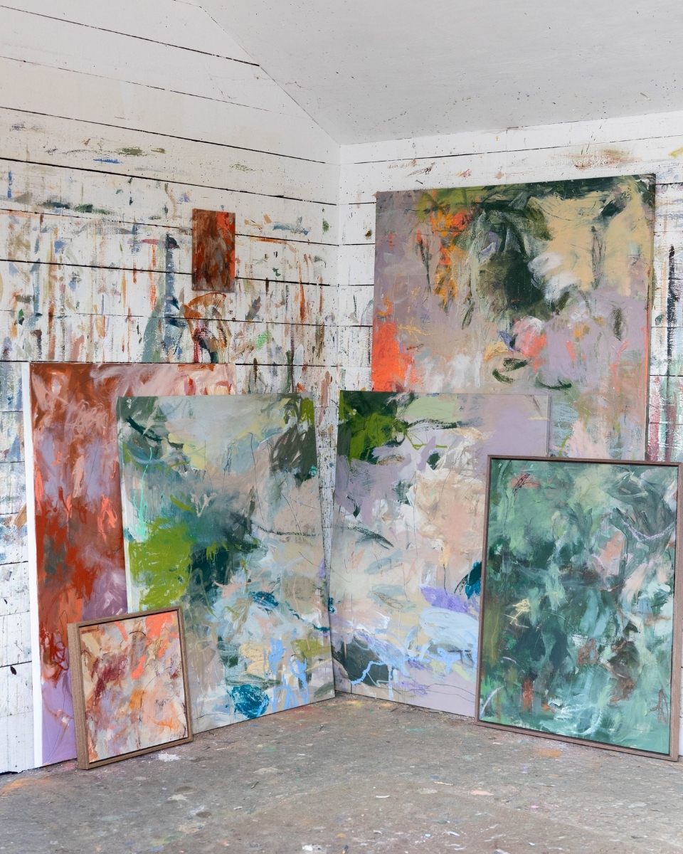 Studio shot featuring a selection of framed and unframed contemporary artworks by Bethany Holmes for Partnership Editions.