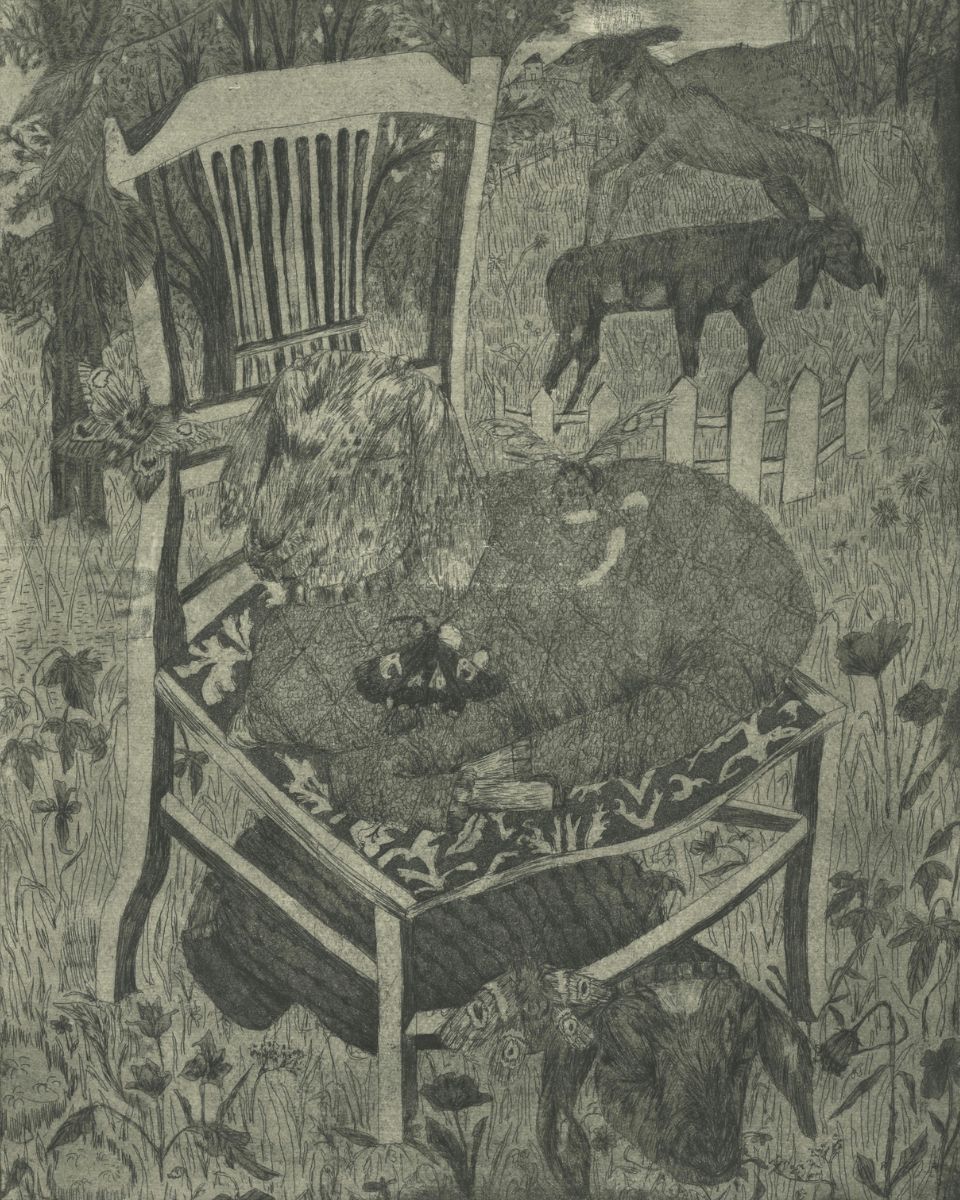 Bethenie Carriaga close-up of folk-tale inspired artwork for The Living Mountain Exhibition at Partnership Editions.