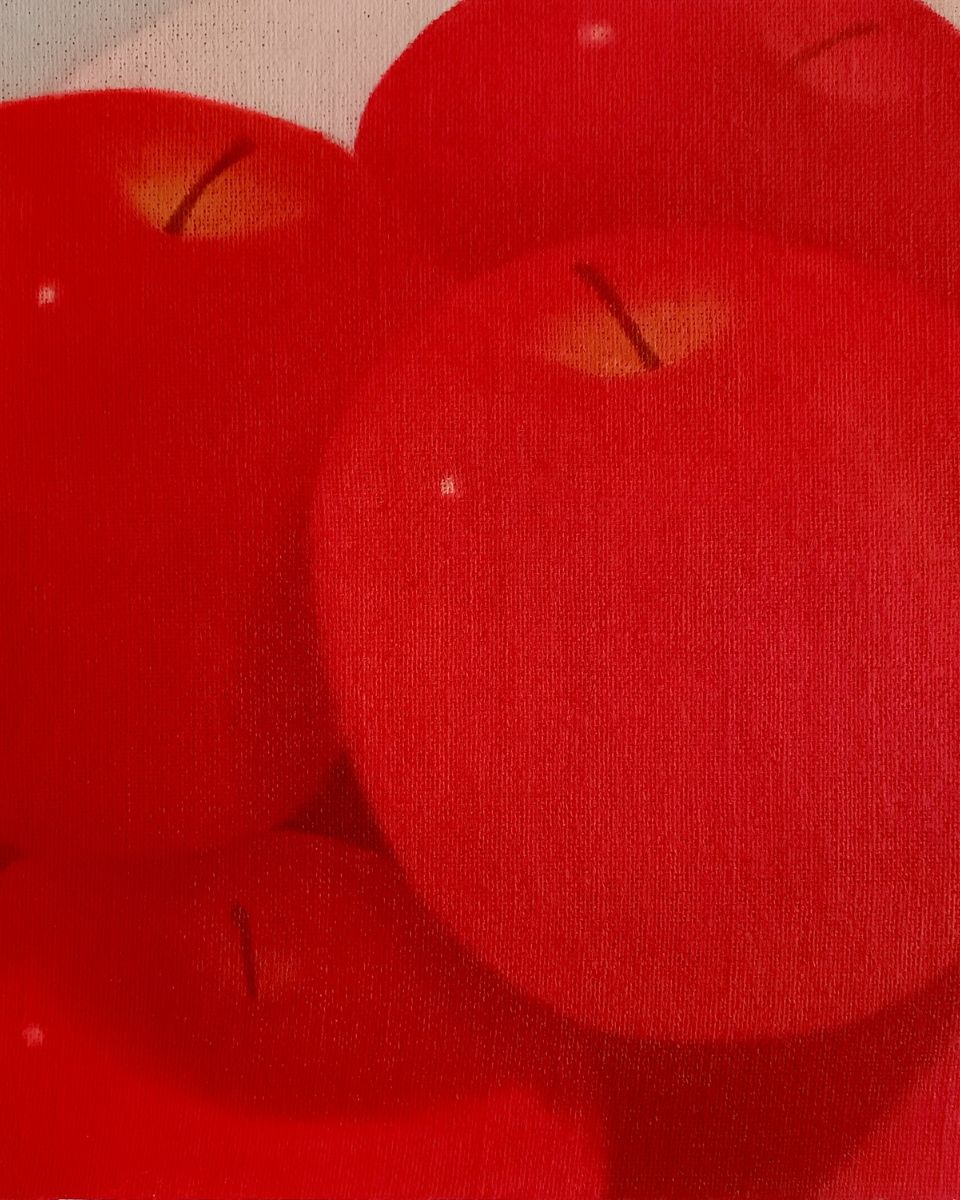 Brendan Lancaster close-up of a figurative oil painting of apples for the In Praise of Home Exhibition at Partnership Editions.