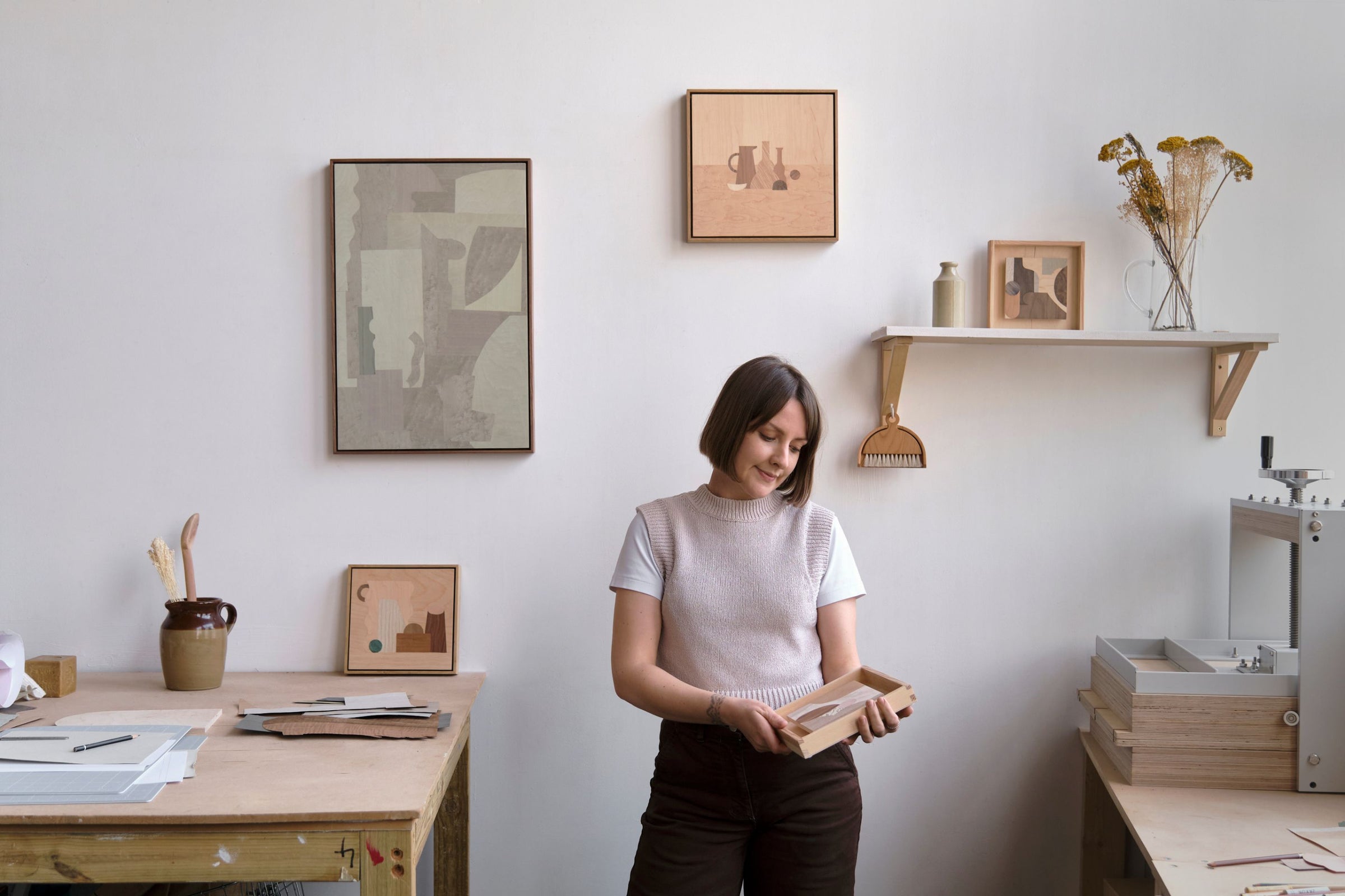 Main banner for Chelsea Vivash, artist using the traditional woodworking technique of marquetry for Partnership Editions.