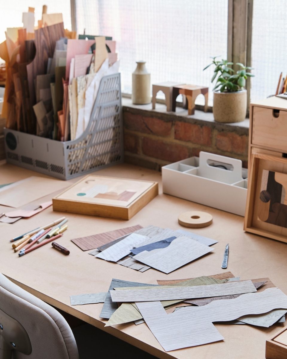 Detail shot of Chelsea Vivash’s studio desk, showcasing various wood-working materials and tools used in her practice for Partnership Editions.