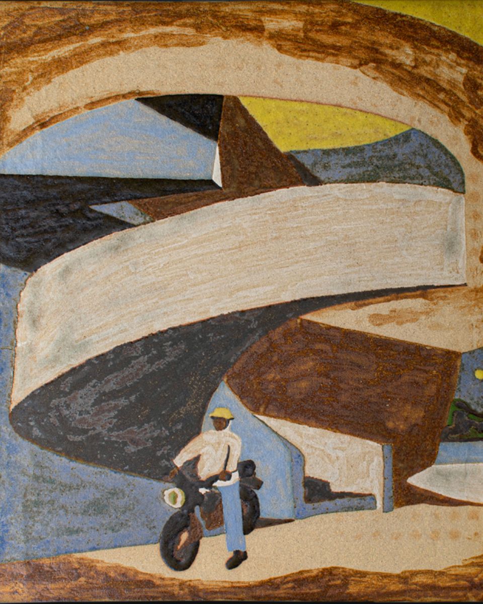 Daniel Dzonu-Clarke painting close-up featuring a motorbike subject for the In Praise of Home Exhibition at Partnership Editions.