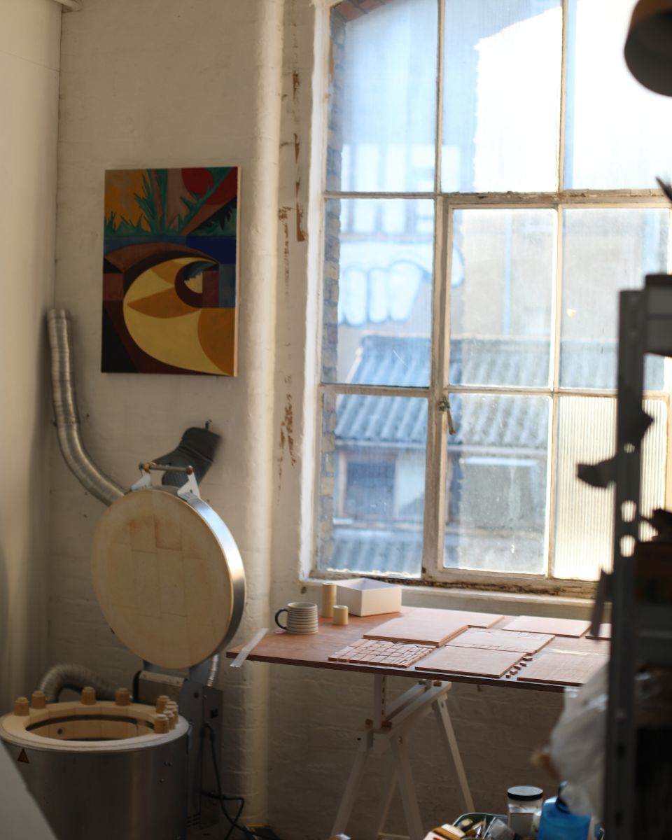 Daniel Dzonu-Clarke’s art studio materials shown in a detailed view for Partnership Editions.