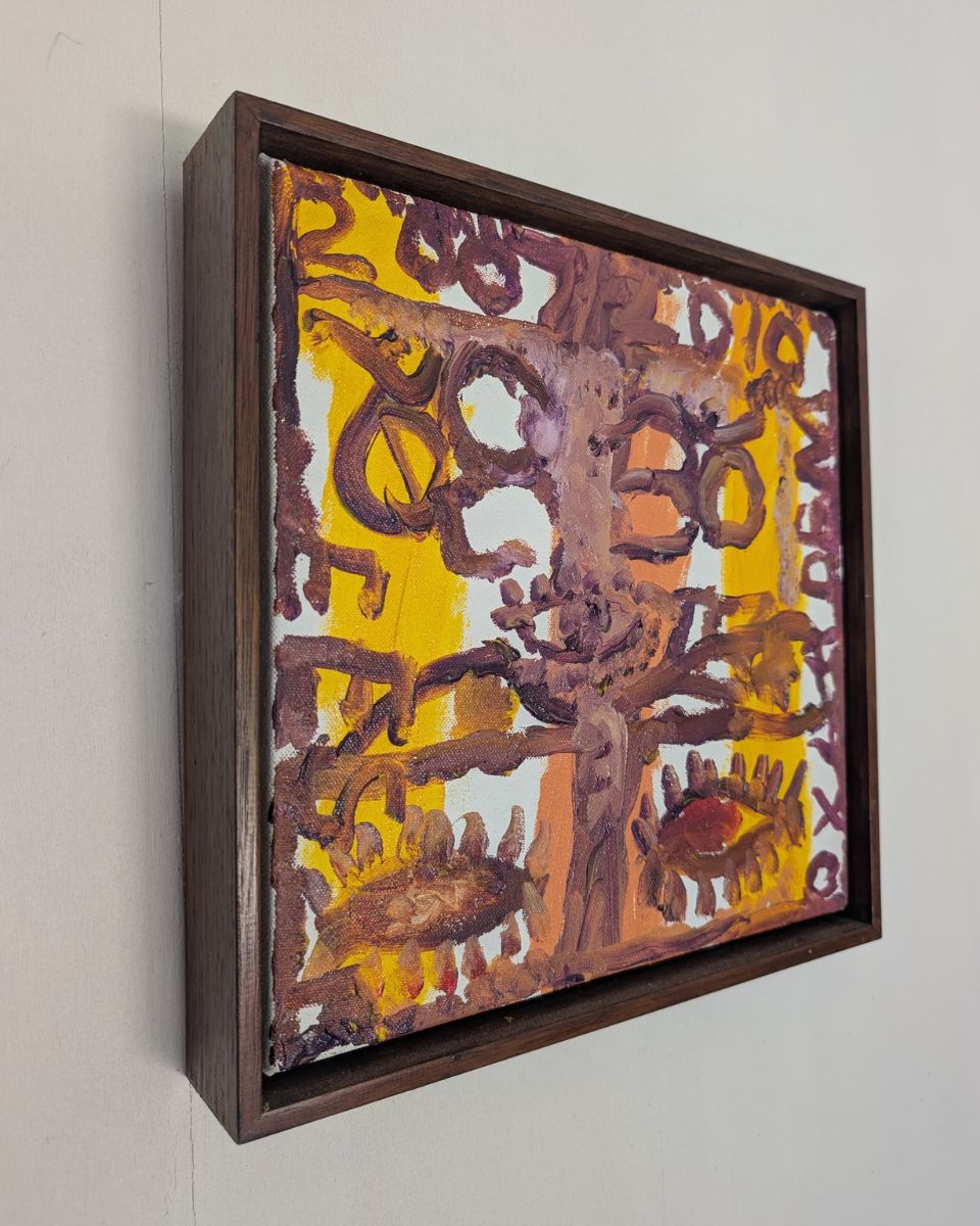 A finished contemporary oil painting by Darcy McCrae showcased in a custom wooden frame.