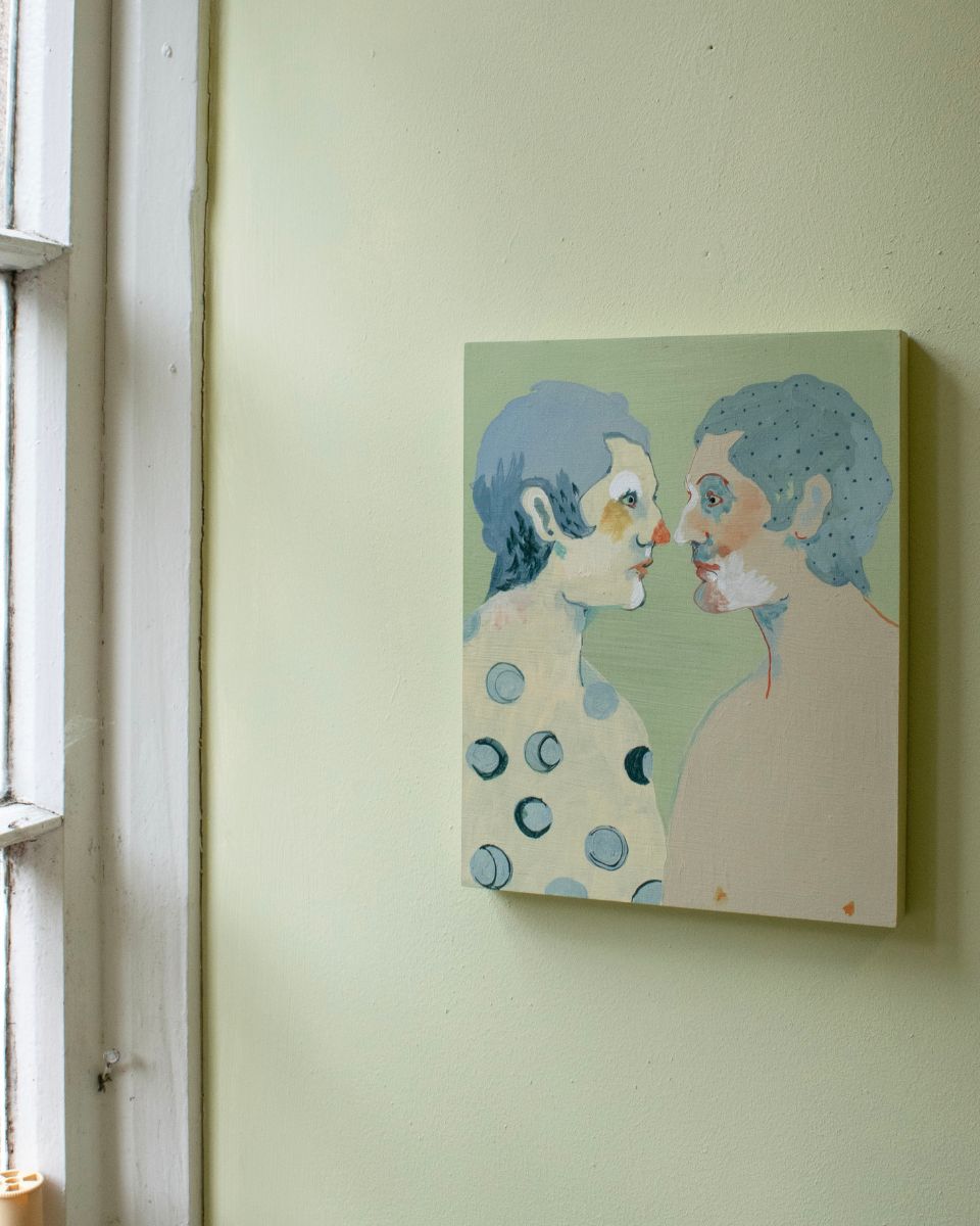 Elizabeth Loveday portrait painting of two profiled figures on a sage green background for the September 2026 drop at Partnership Editions.