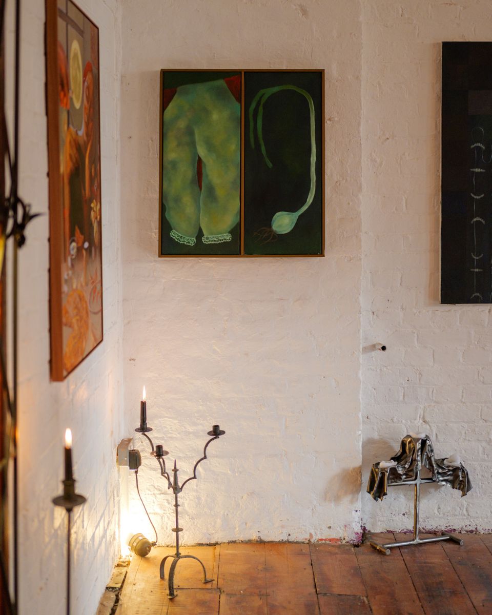 Professional shot of Eryn Lougheed’s figurative narrative painting at the Emblems exhibition by Partnership Editions.