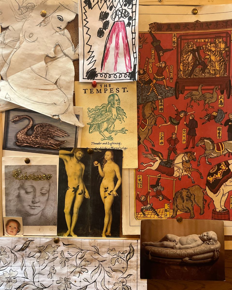 Artist Freyja Lee’s studio wall featuring inspiration imagery for the Beauty & Terror Online Exhibition at Partnership Editions.