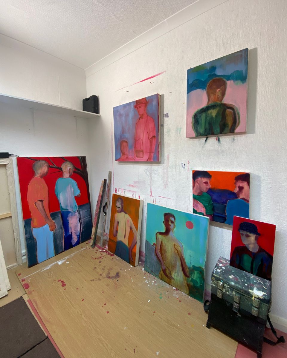 George Marrington’s studio corner featuring a collection of mounted and unmounted unframed canvas paintings for Partnership Editions.
