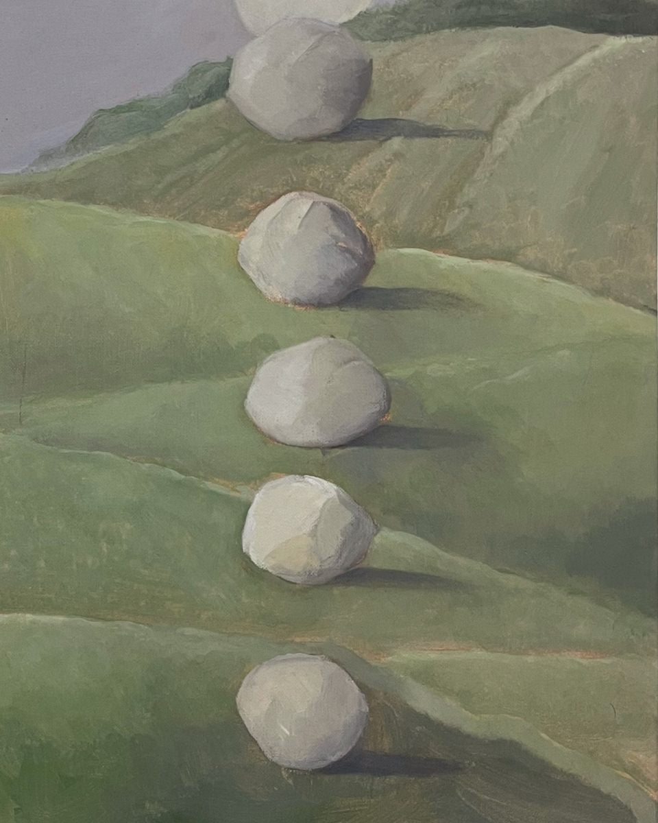 Close-up detail of a Hattie Landells oil painting, depicting monumental rocks within an abstract rural landscape for Partnership Editions