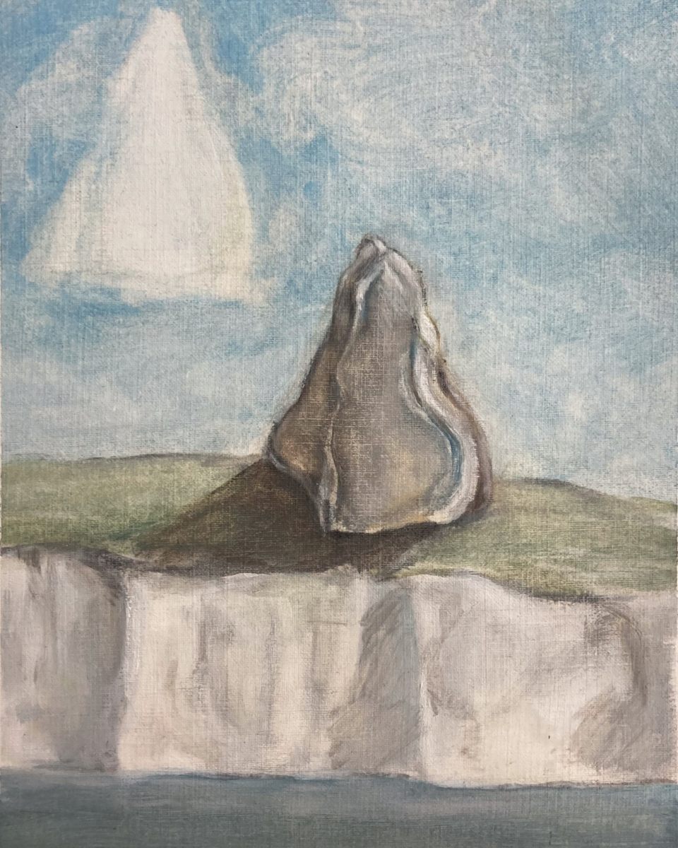 Macro detail of an expressive landscape painting by Hattie Landells, focusing on a single, sculptural rock formation for Partnership Editions.