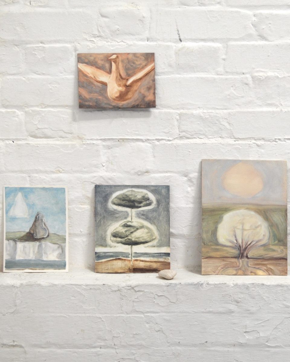 Studio shot featuring small-scale intimate oil paintings by Hattie Landells, exploring the interface between human and mineral worlds for Partnership Editions.