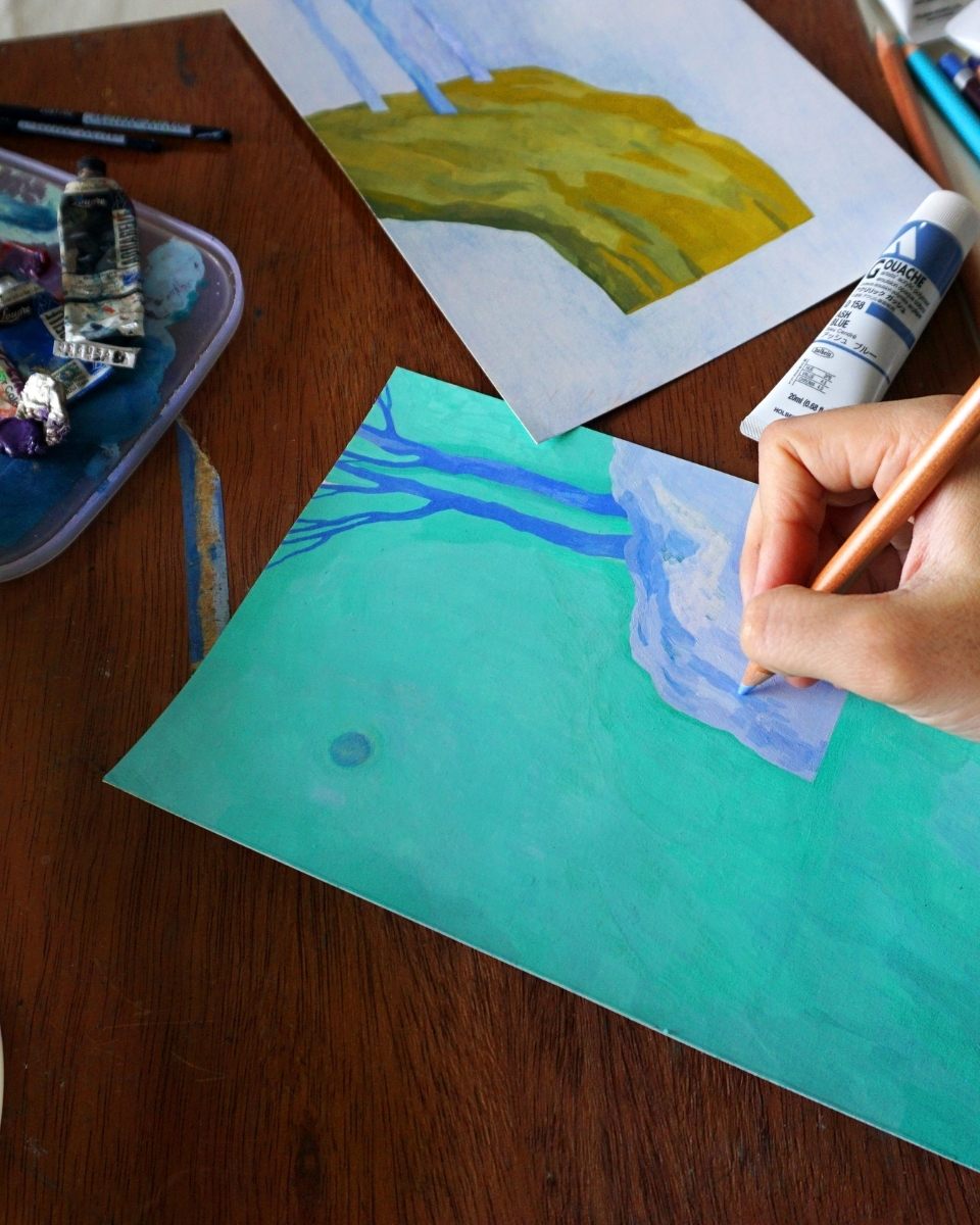 Close-up detail of artist Ifada Nisa adding intricate coloured pencil patterns to a contemporary work-in-progress drawing for Partnership Editions.
