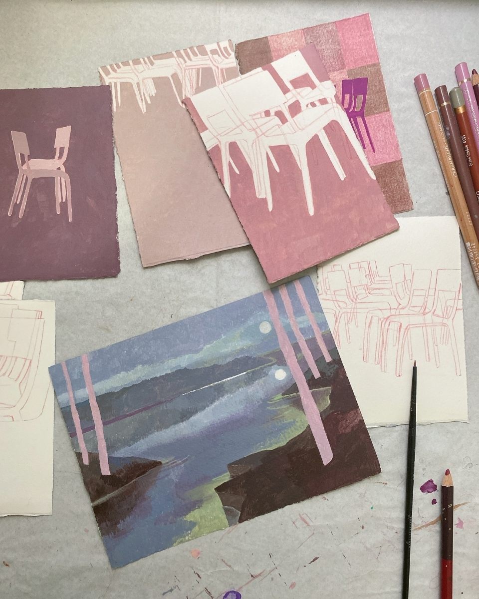 Carousel shot of intricate work-in-progress artwork surrounded by a palette of professional coloured pencils in Ifada Nisa’s studio.