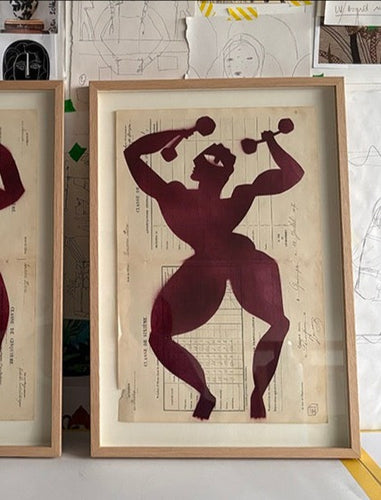 Man with dumbells, drawing on vintage French school report 1912 (Framed)