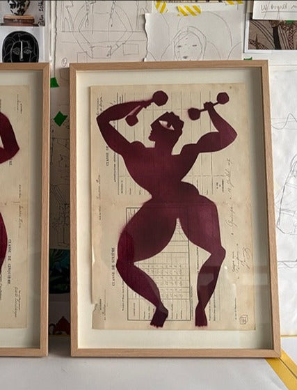 Man with dumbells, drawing on vintage French school report 1912 (Framed)