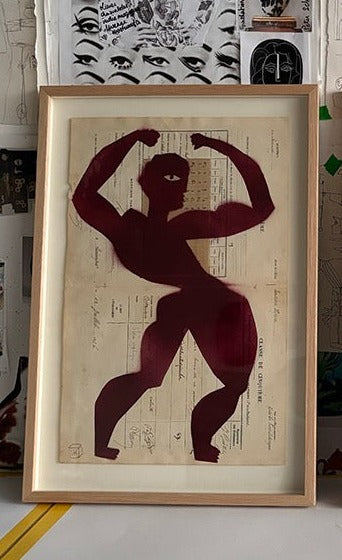 Man exercising, drawing on vintage French school report 1912 (Framed)