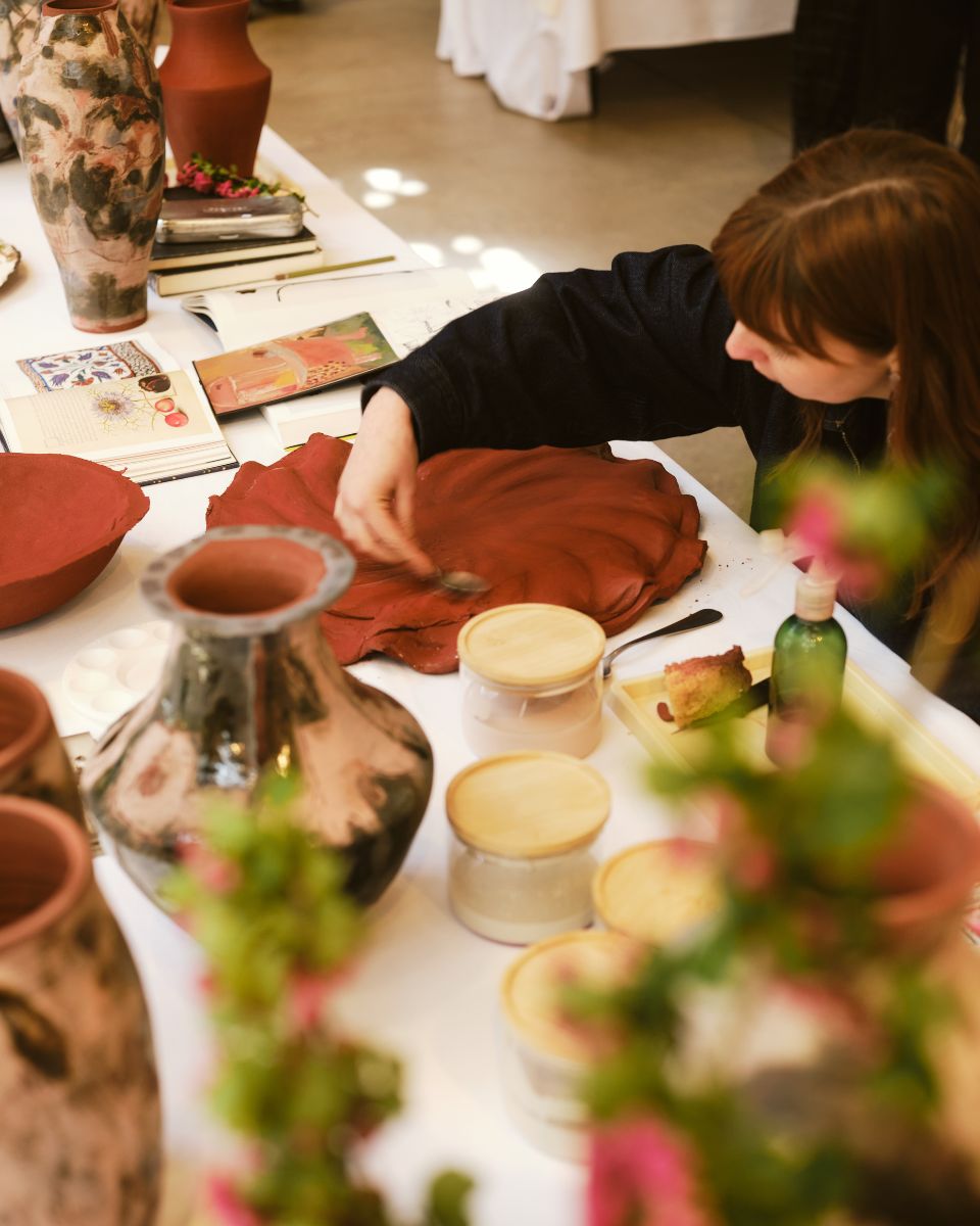 Artist Imogen Richards at work on a featured piece on display for The Artists' Studio exhibition by Partnership Editions.