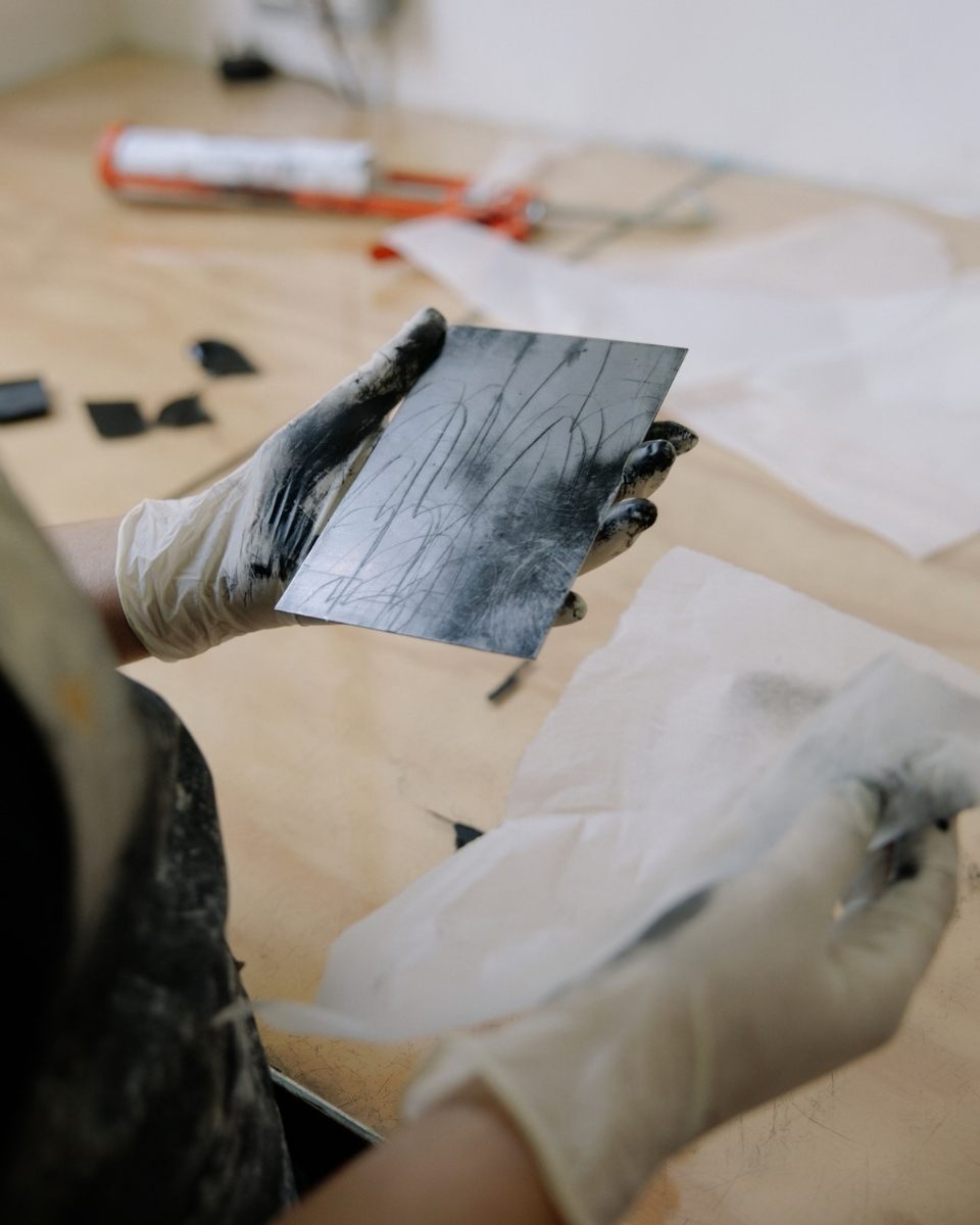 Close-up of Ines Fernandez de Cordova’s hands carefully holding a photopolymer plate for intaglio printmaking in her studio.