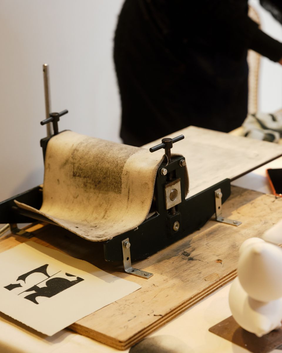 Detail shot of printing press showcasing Ines Fernandez de Cordova's work for The Artists' Studio exhibition with Partnership Editions.