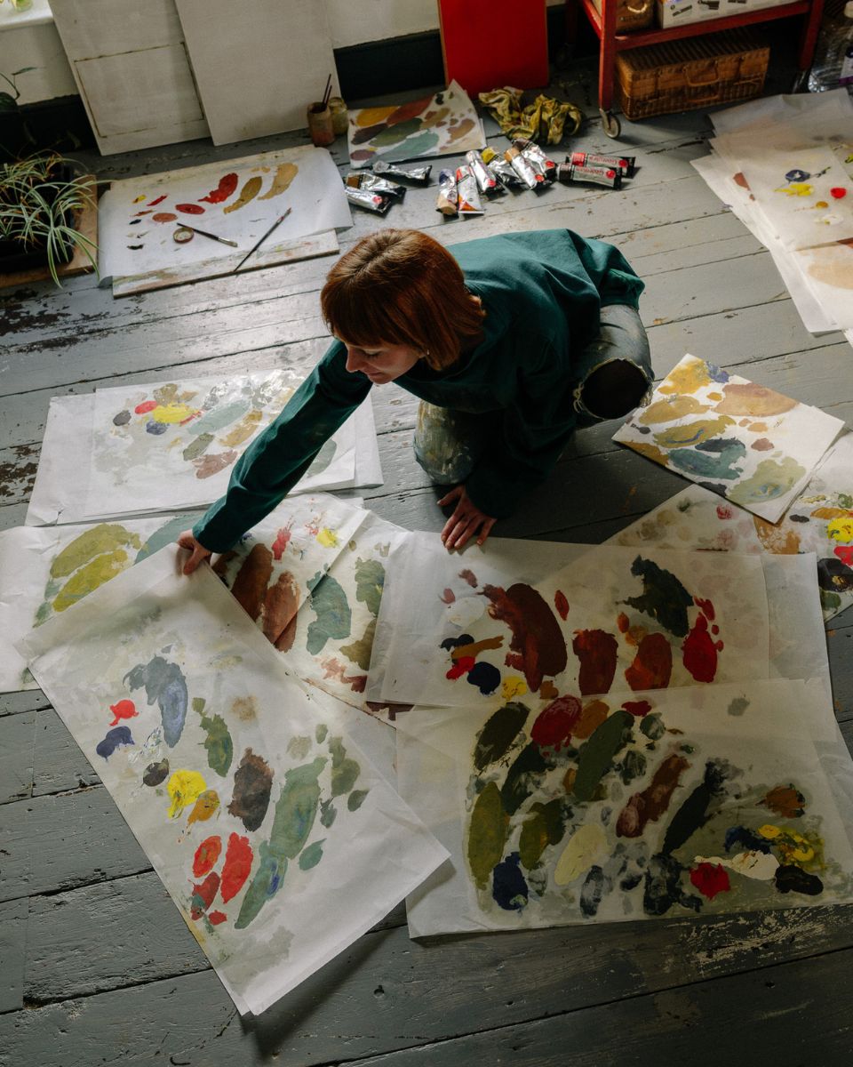 Jay Harper’s colour swatch tests and tonal experiments on paper, displayed on her studio floor for Partnership Editions.